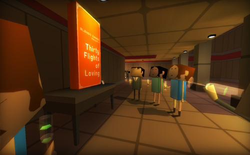 From the end credits of Thirty Flights of Loving: A group of people look at the title of the game presented as a sculpture in a fictional art gallery.